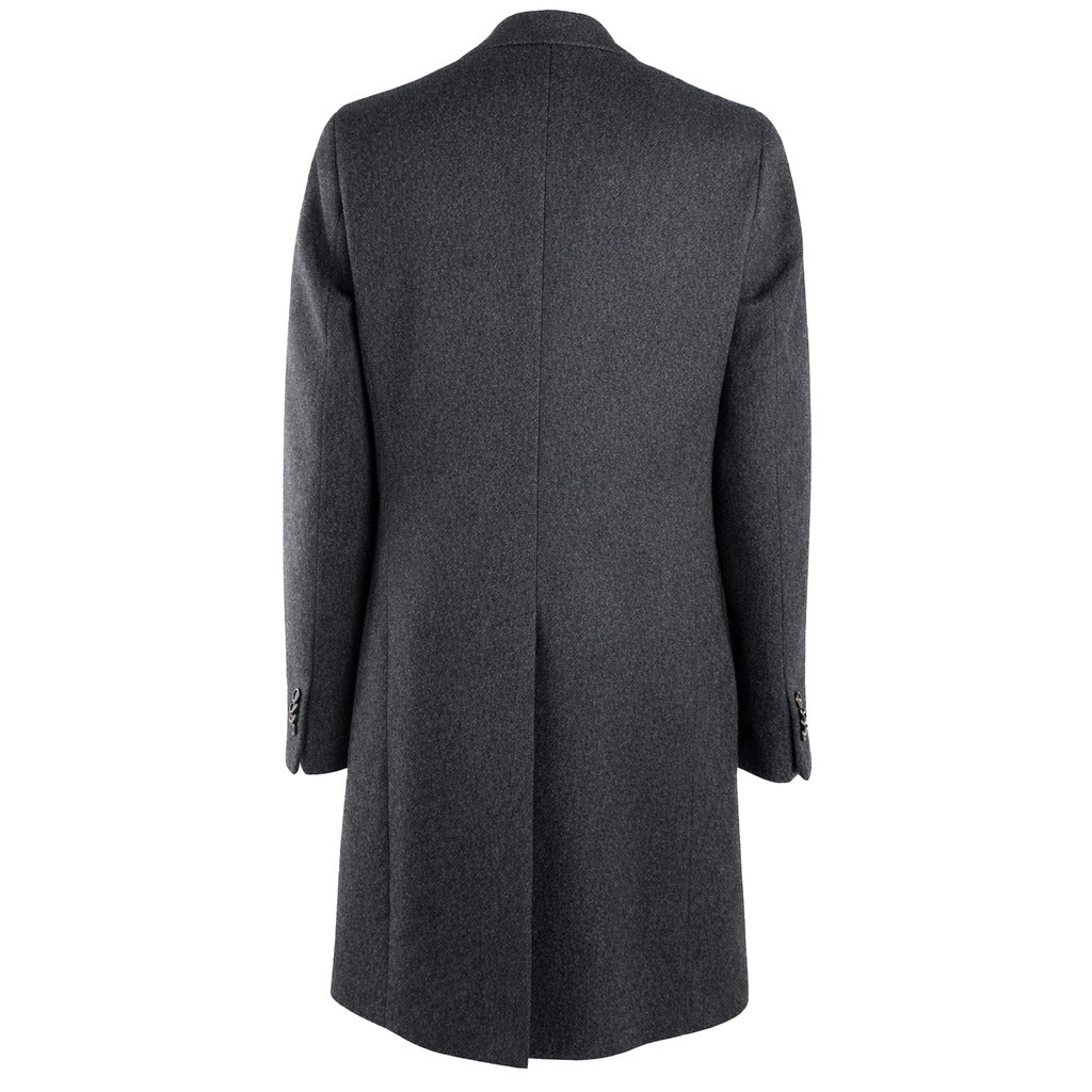 Loro Piana Tessuto – grey cashmere coat – back view showing centre seam and long silhouette