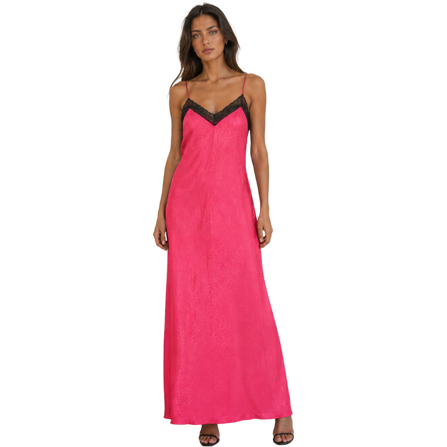 Patrizia Pepe – fuchsia animal-print dress with thin straps – front view with black lace neckline
