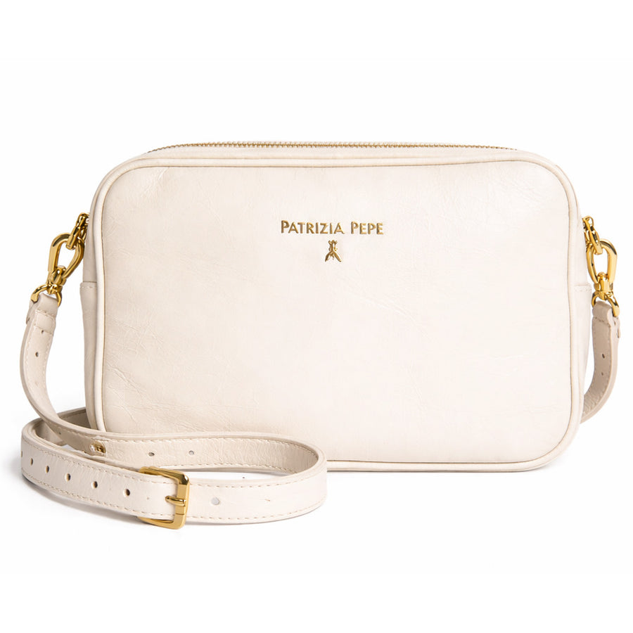 Patrizia Pepe – white crossbody bag – front view with gold-tone hardware and long adjustable strap