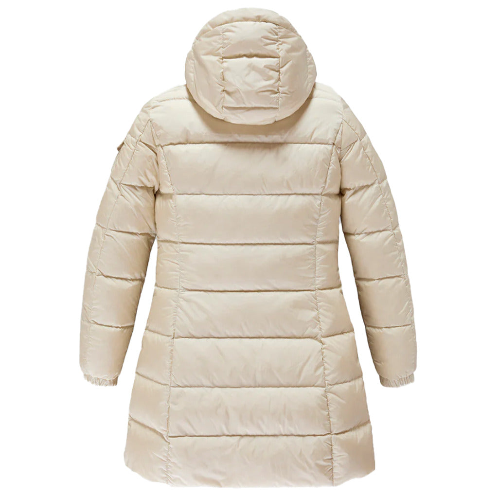 Refrigiwear – Lady Long Hunter Down Jacket in Nylon – cream back view with hood