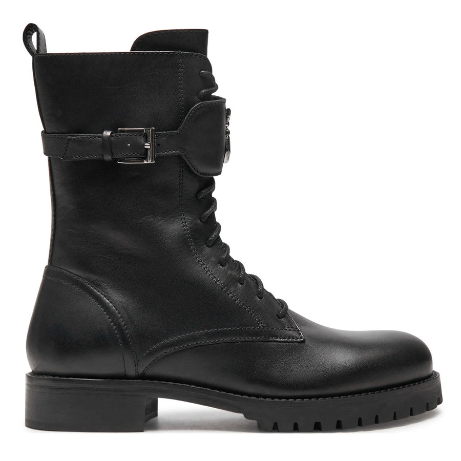 Patrizia Pepe – black calfskin ankle boots – side profile with buckle strap and lug sole