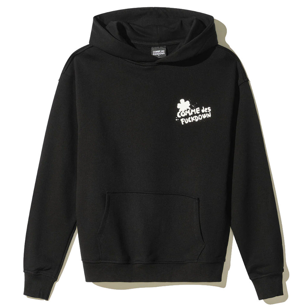 Comme Des Fuckdown – black hooded sweatshirt with white chest logo – front flat-lay view
