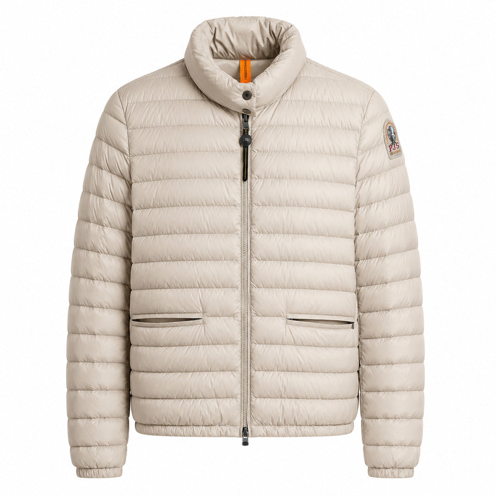 Parajumpers – Winona beige down jacket – front packshot with raised collar and horizontal quilting