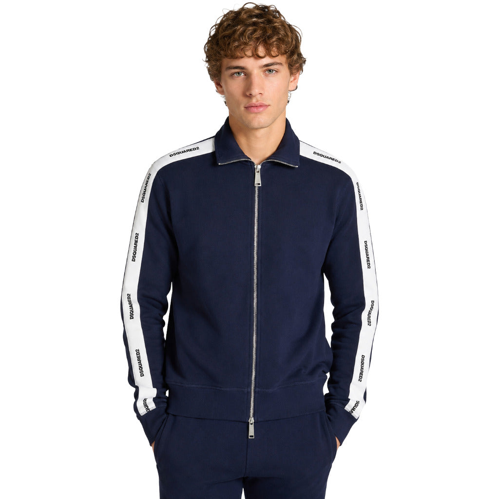 Dsquared2 – Logo Stripe blue zip-up sweatshirt – Model wearing front view with white sleeve stripes