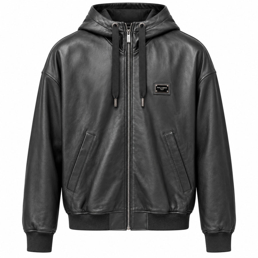 Dolce & Gabbana – black lambskin leather hooded jacket – front flat product view