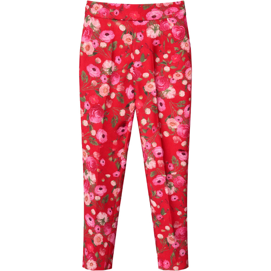 Elisabetta Franchi – red floral-print trousers – front flat lay with pink flowers
