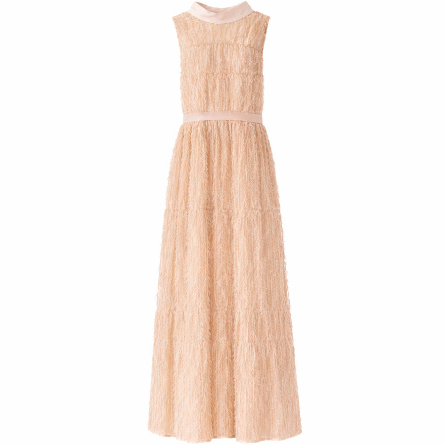 Elisabetta Franchi – pink lace maxi dress – front flat lay with pale contrasting collar
