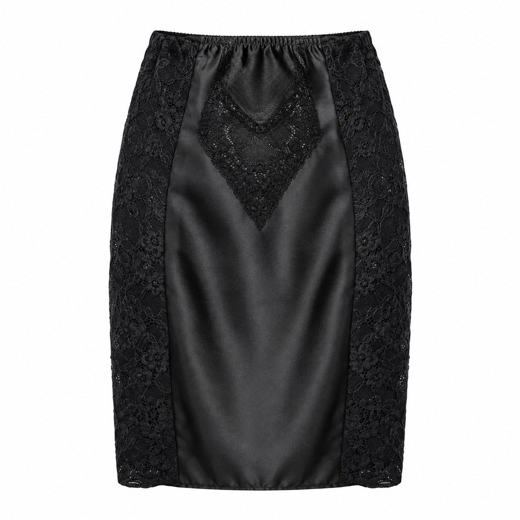 Dolce & Gabbana – black lace pencil skirt – front flat lay with satin centre panel