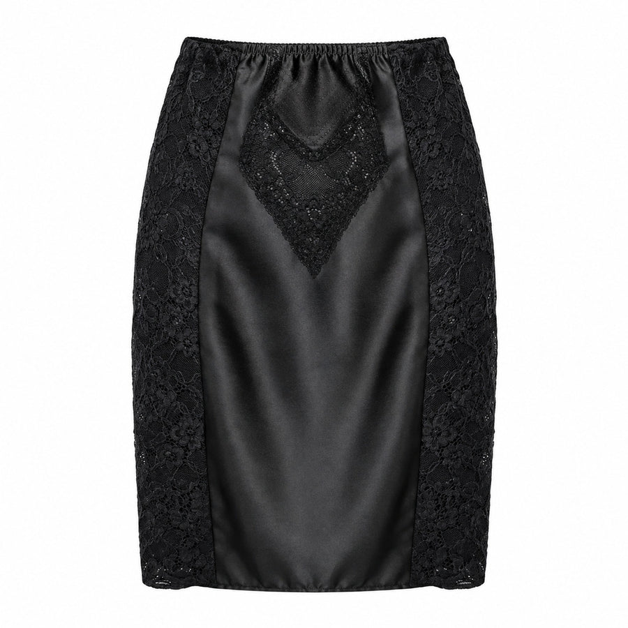 Dolce & Gabbana – black lace pencil skirt – front flat lay with satin centre panel