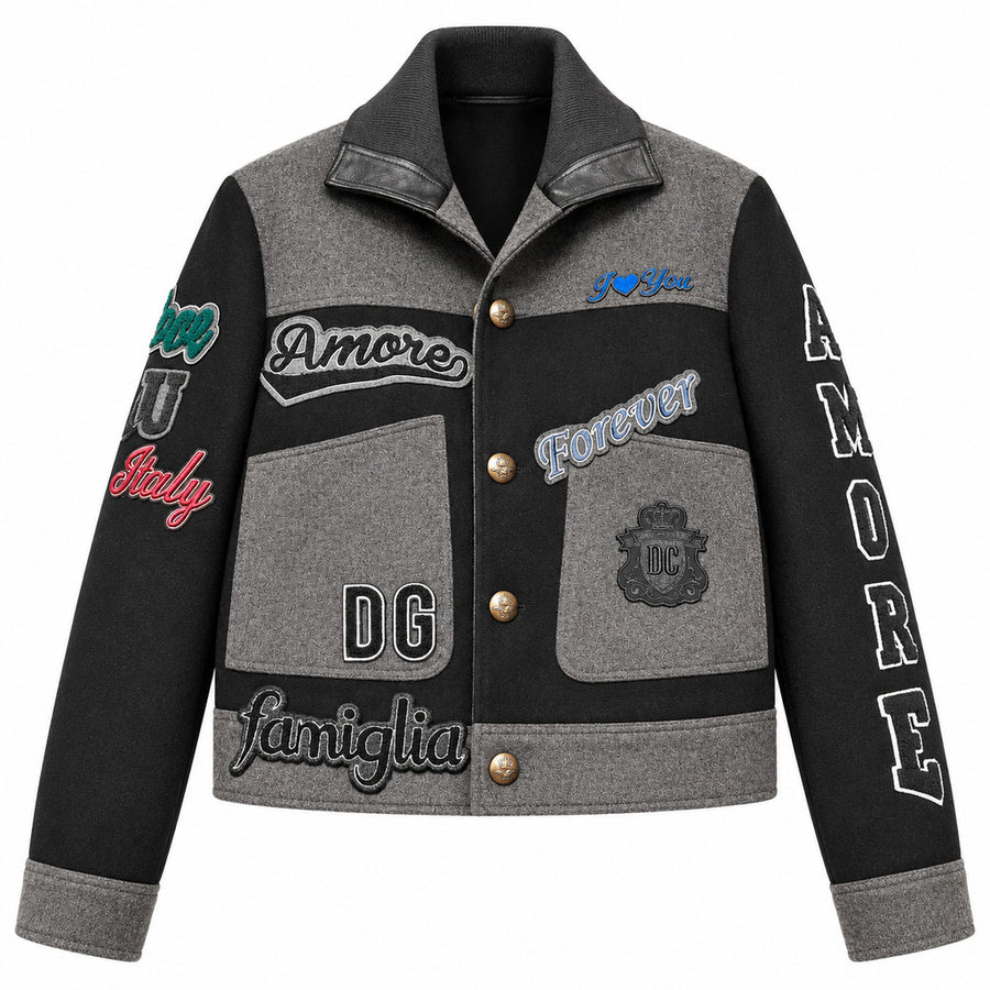 Dolce & Gabbana – black wool bomber jacket – front packshot with grey panels and embroidered patches