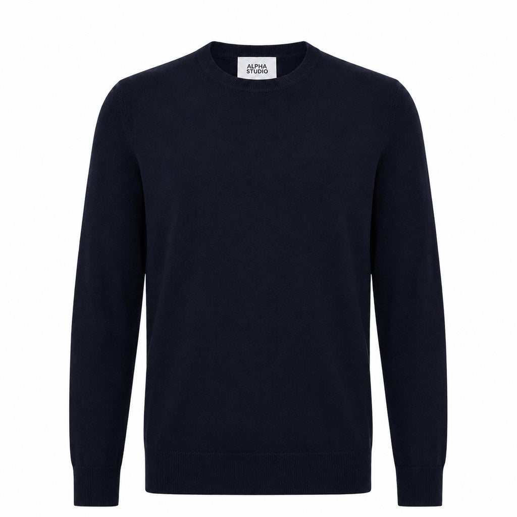 Alpha Studio – navy merino wool crew-neck sweater – front packshot with neck label