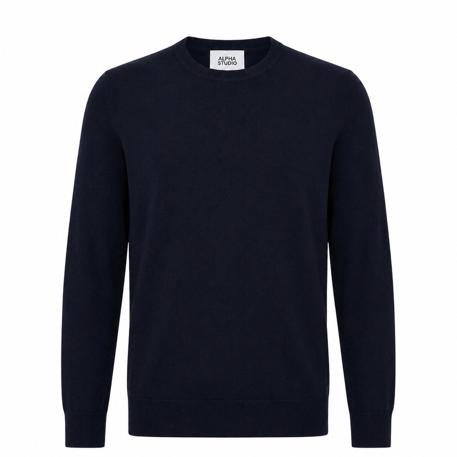 Alpha Studio – navy merino wool crew-neck sweater – front packshot with neck label