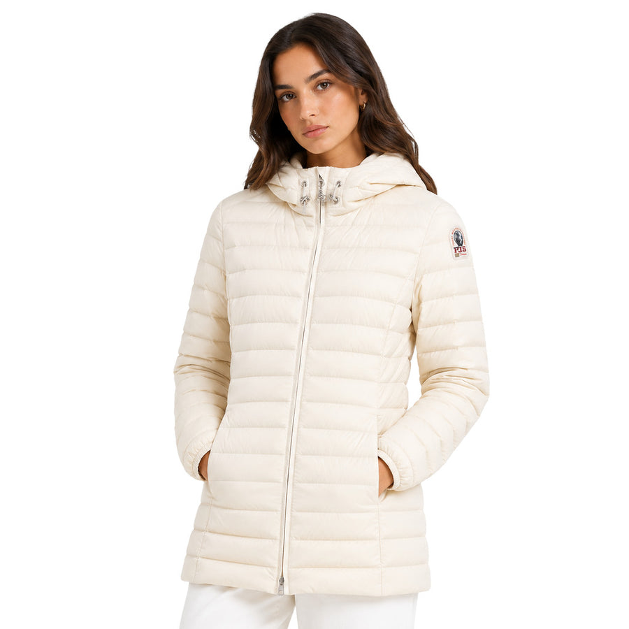 Parajumpers – Meredith beige hooded jacket – Front view with horizontal quilting and zip pockets