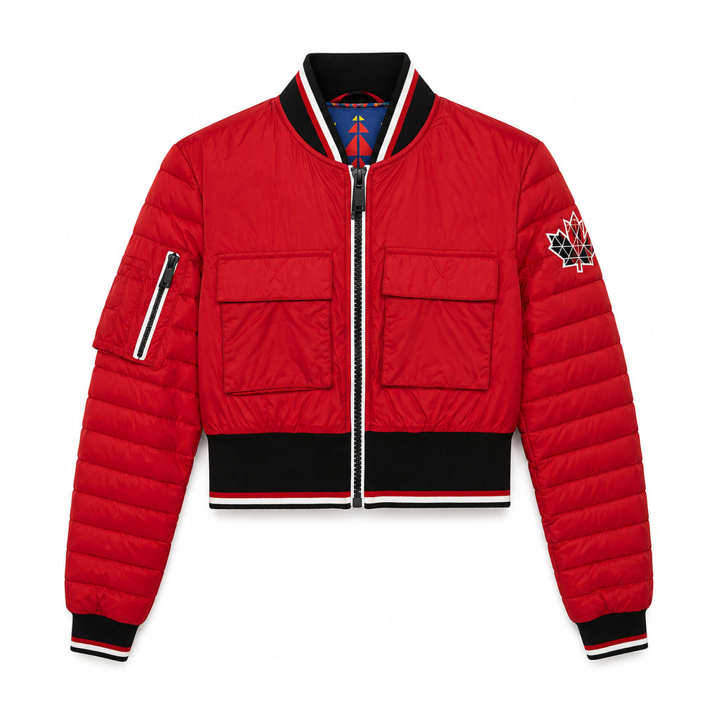 Moose Knuckles – red cropped down jacket – front view, flat with quilted sleeves