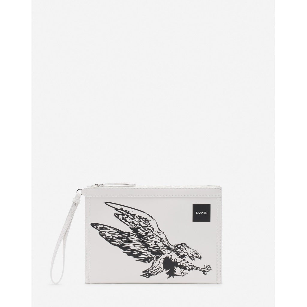 Lanvin – pouch bianco – Front view with black eagle graphic and wrist strap