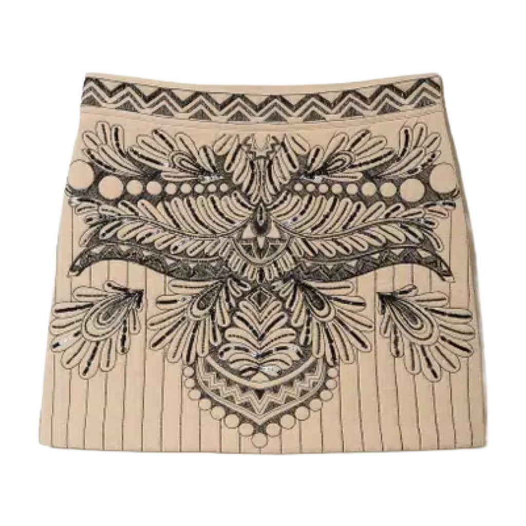 Twinset – beige quilted miniskirt – front flat lay with ornate embroidery