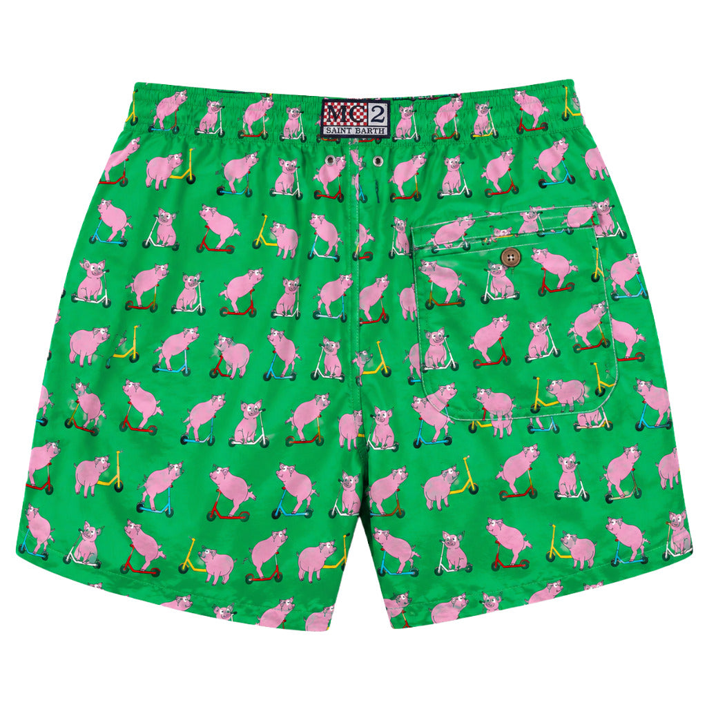 Mc2 Saint Barth – green pig-pattern swim trunks – back view with pocket and brand label