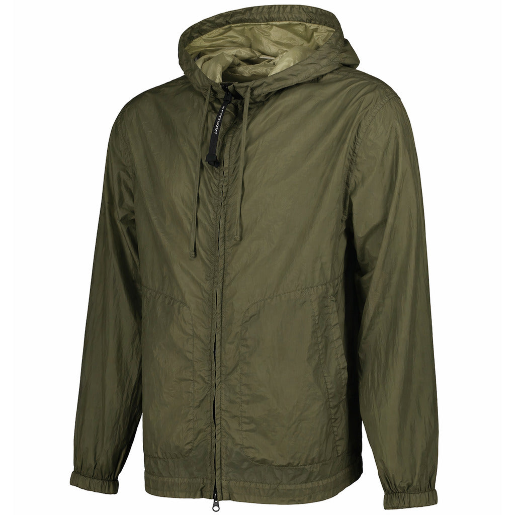 C.P. Company – olive hooded jacket with crinkled texture – angled front view showing hood and sleeves