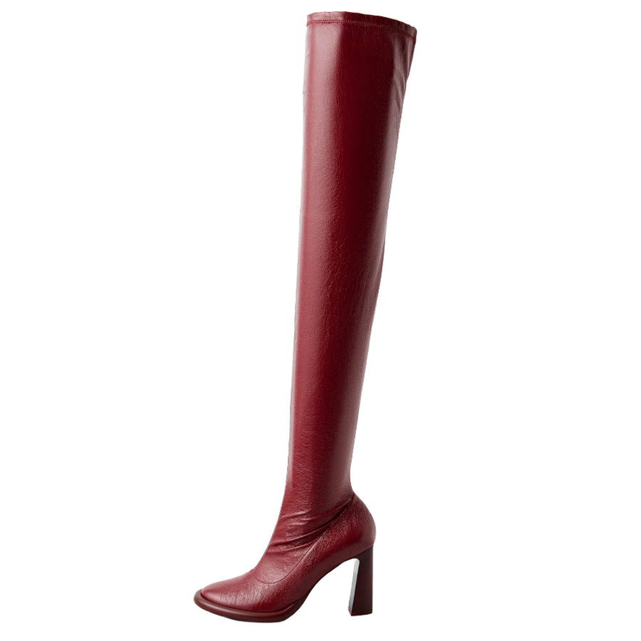 Patrizia Pepe – red faux leather knee-high heeled boots – side profile packshot