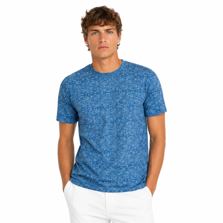 Mc2 Saint Barth – blue patterned T-shirt – model shown from the front