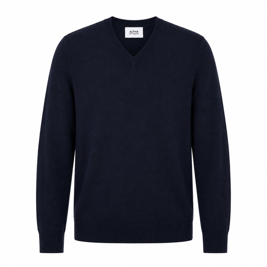 Alpha Studio – Merino wool V-neck sweater in navy – Front flat lay with visible label