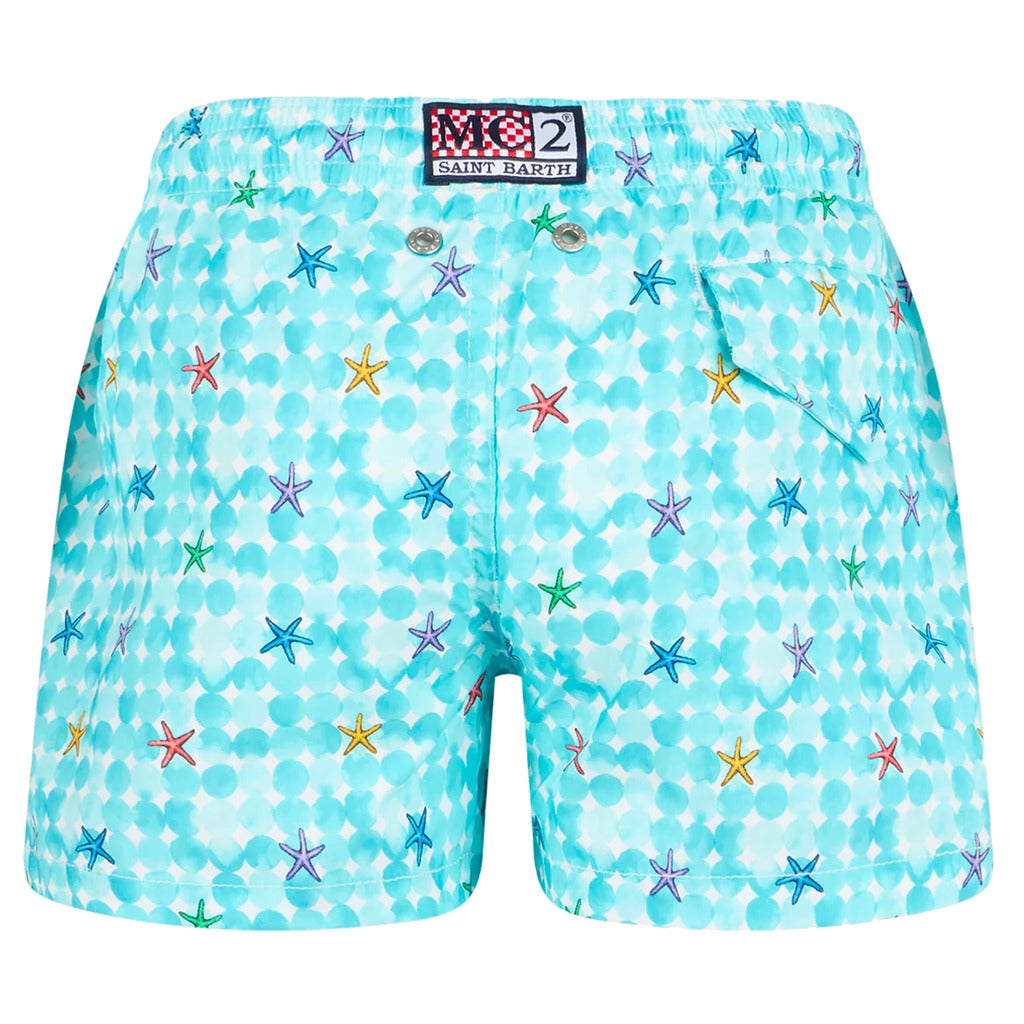 Mc2 Saint Barth – Azzurro swim trunks with starfish print – Back view showing label and pocket