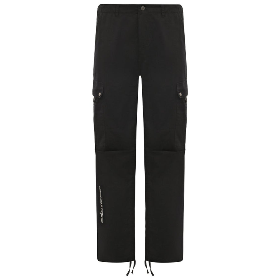 Comme Des Fuckdown – Cotton Cargo Pants in Black – Flat front view with cargo pockets and ankle ties