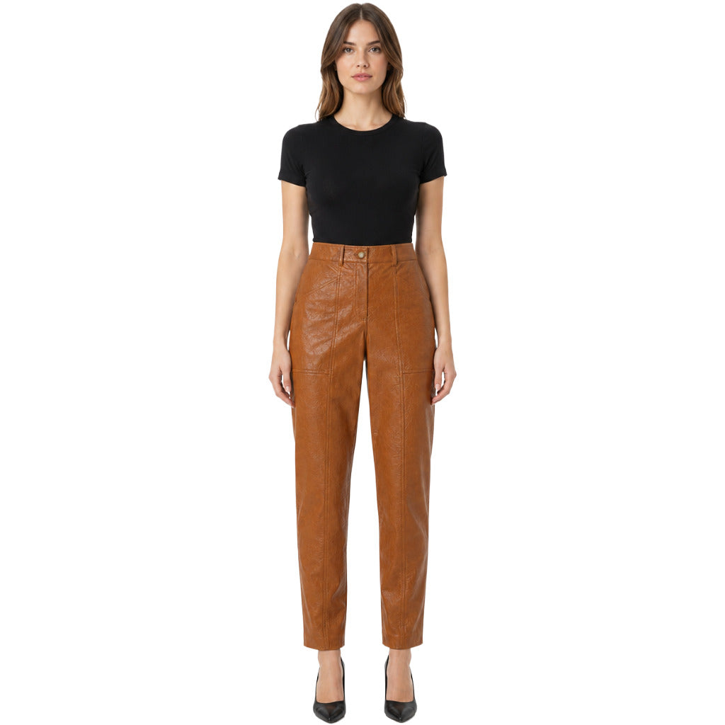 Twinset – brown leather-effect trousers – front view worn with black top
