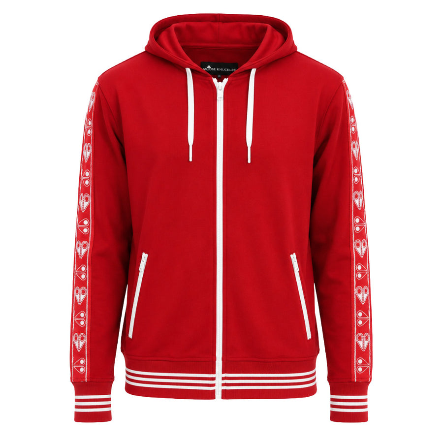 Moose Knuckles – Jean Talon red zip-up hooded sweatshirt – front flat packshot