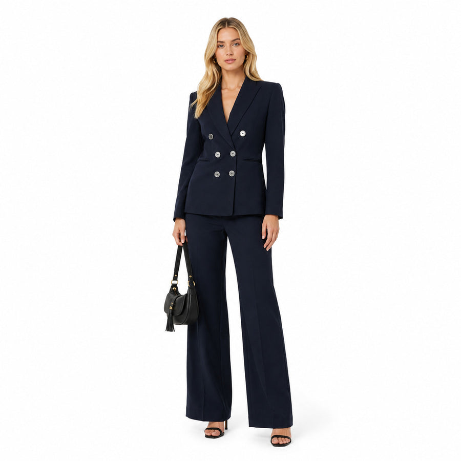 Pinko – navy double-breasted tailored jacket – front view worn with matching trousers