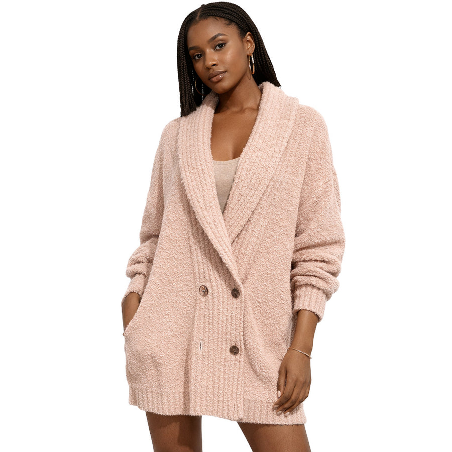 Elisabetta Franchi – pink double-breasted cardigan – front view on model with buttons and shawl collar