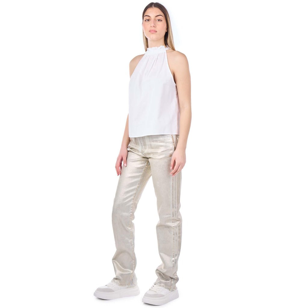 Pinko – Roxanne straight gray jeans with silver splatter – angled full worn view