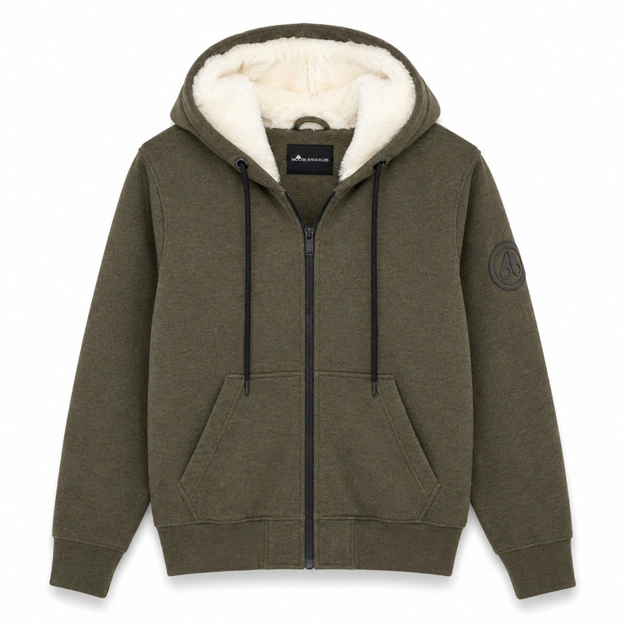 Moose Knuckles – green hooded sweatshirt with white lining – front flat lay with zipper and pockets