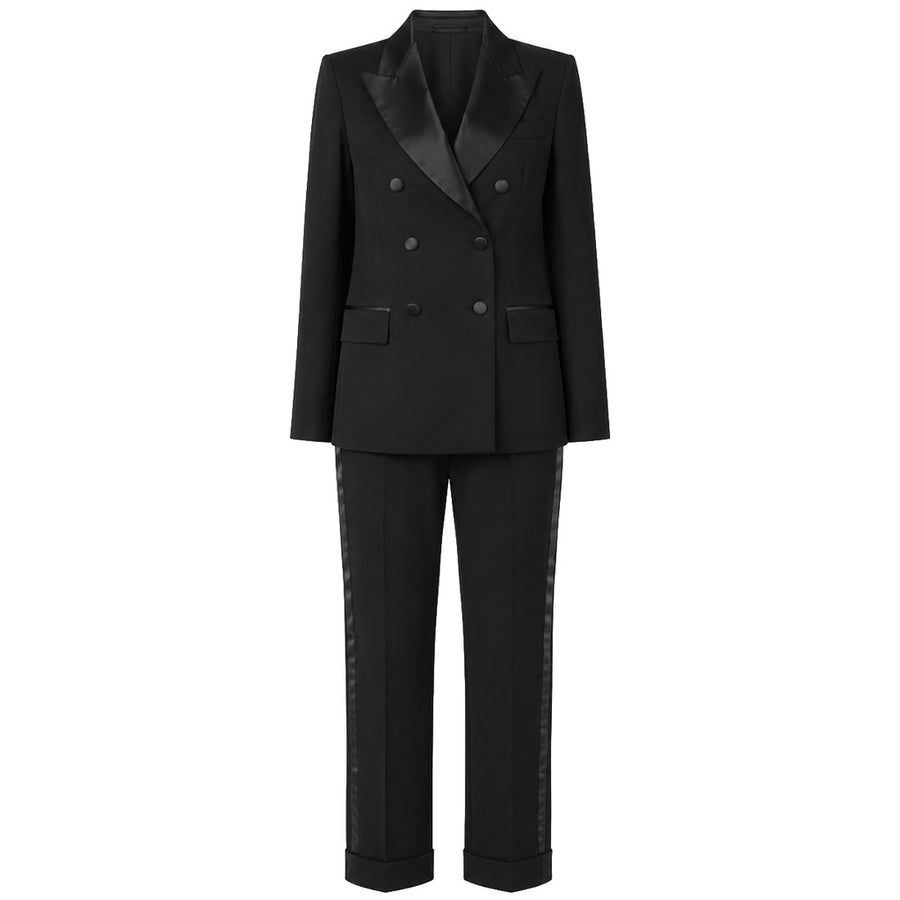 Loro Piana Tessuto – black double-breasted suit with satin lapels – front flat lay