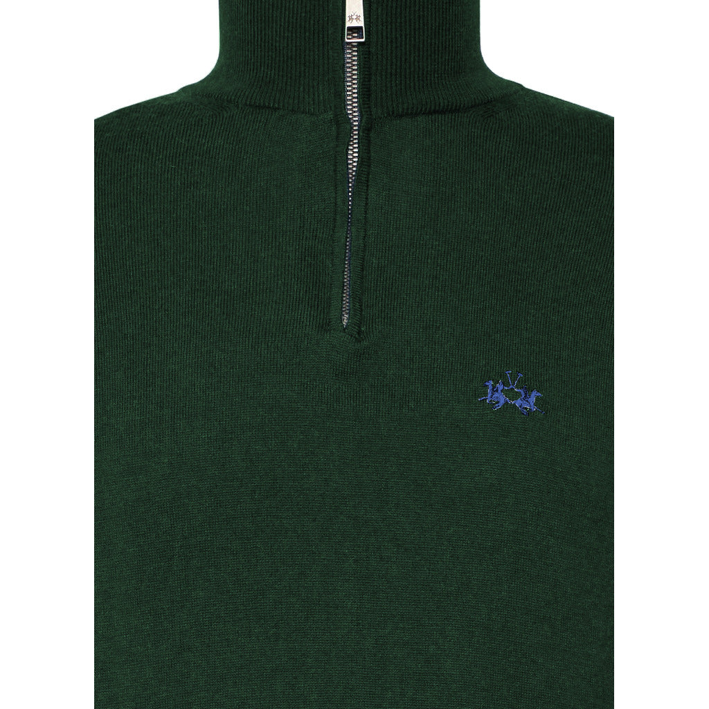 La Martina – Half-Zip Turtleneck Sweater – Close-up of green knit, zipper and embroidered logo