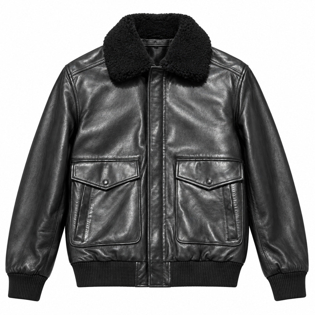 Emilio Romanelli – black calfskin leather jacket – front view with fuzzy collar and flap pockets