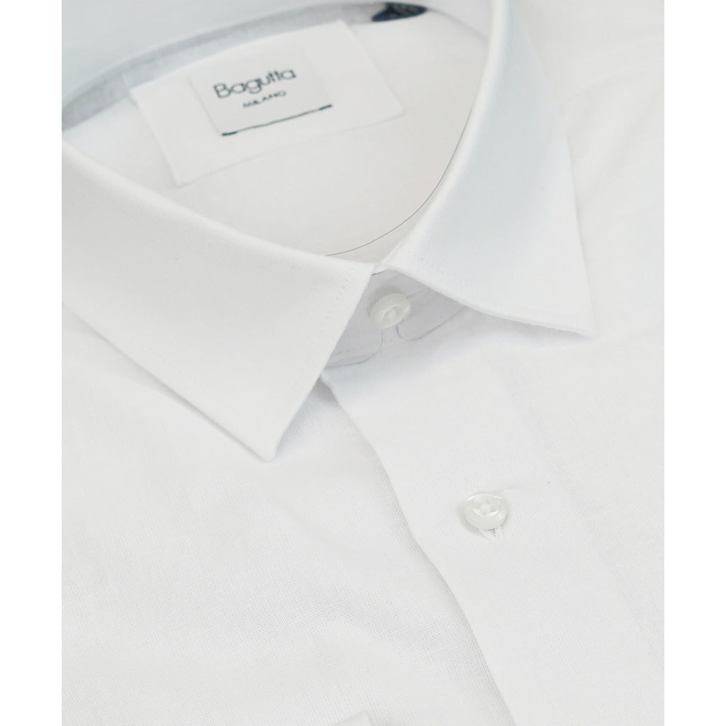 Bagutta – white linen blend shirt – close-up of pointed collar, buttons and neck label