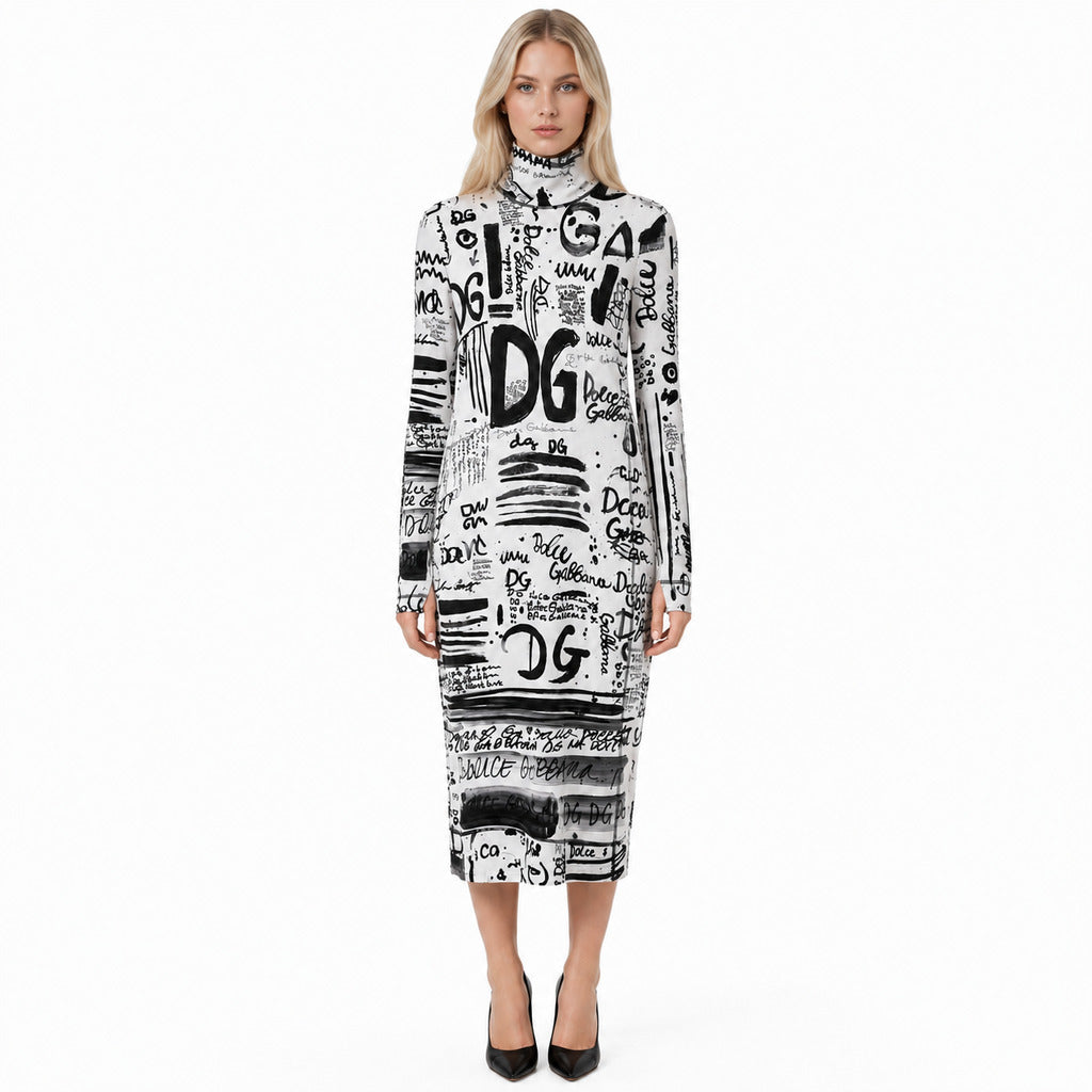 Dolce & Gabbana – white long-sleeved high-neck dress with black lettering – model wearing it