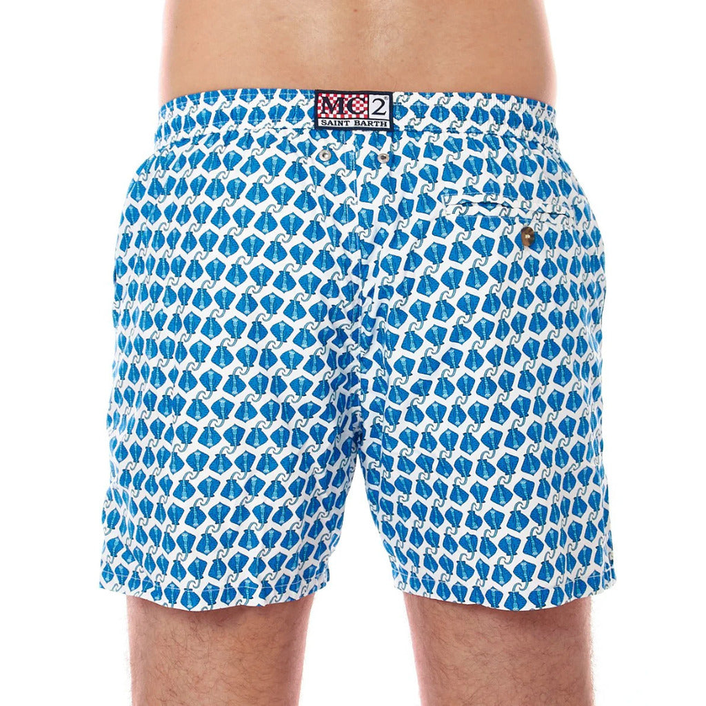 Mc2 Saint Barth – Micro Fantasy Stingray light-blue swim trunks – rear view with logo label