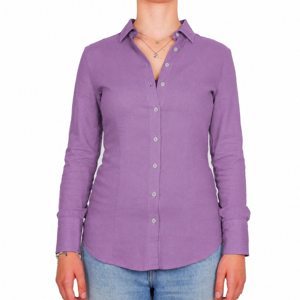 Bagutta – purple linen shirt – straight-on front view worn with long sleeves