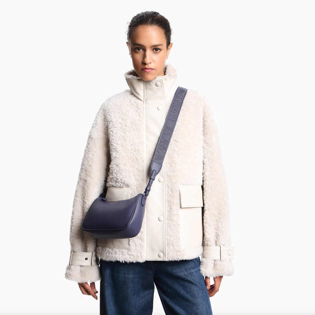 Emporio Armani – purple faux leather mini baguette shoulder bag – worn crossbody with wide logo strap