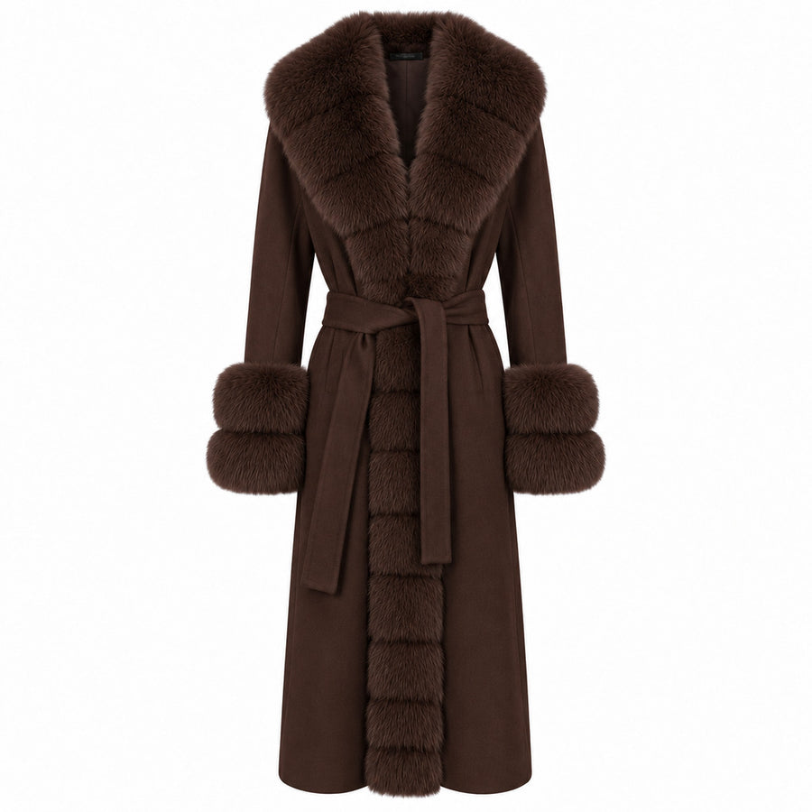 Loro Piana Tessuto – Tessuto Fur-Trimmed Coat – Front view, brown coat with fur collar and cuffs