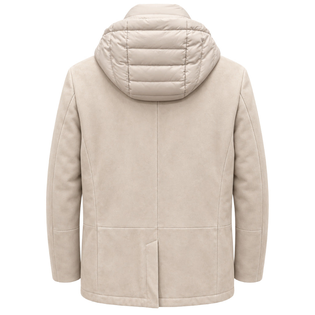 Moorer – Bellotto suede jacket – Beige back view with quilted hood