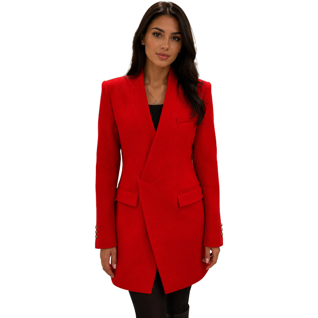 Balmain – red wool single-breasted coat – front view on model with lapels and flap pockets