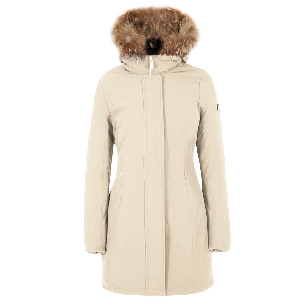 Yes Zee – white long puffer jacket with fur-trimmed hood – front view
