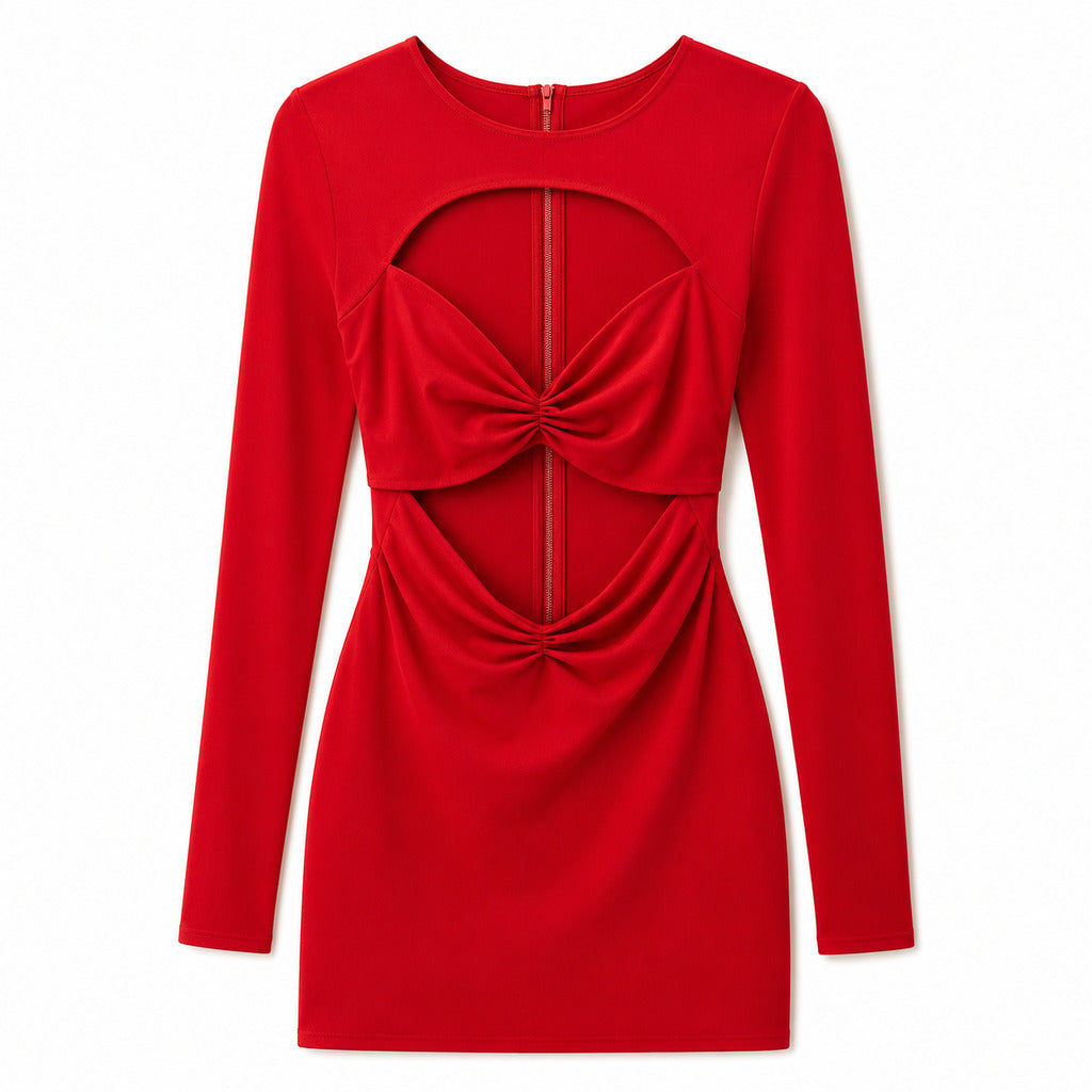 Dolce & Gabbana – red cut-out dress – front flat lay with long sleeves