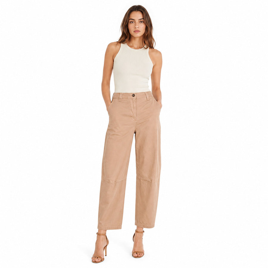 Pinko – Brown straight-leg trousers – Front view worn with cream sleeveless top