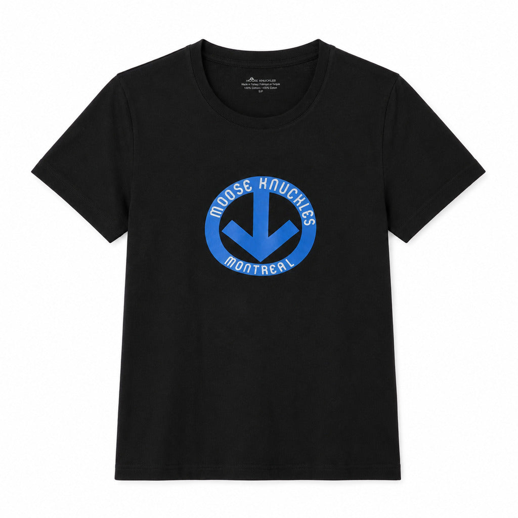 Moose Knuckles – black T-shirt with blue Montreal logo – front flat lay