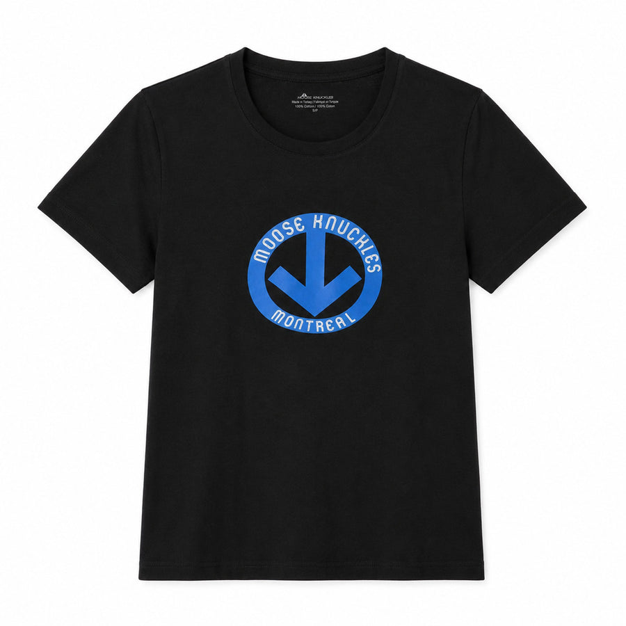 Moose Knuckles – black T-shirt with blue Montreal logo – front flat lay