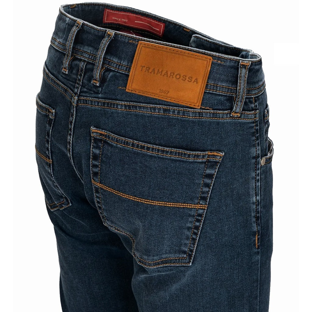 Tramarossa – Michelangelo navy jeans – angled rear close-up showing back pocket and waistband patch